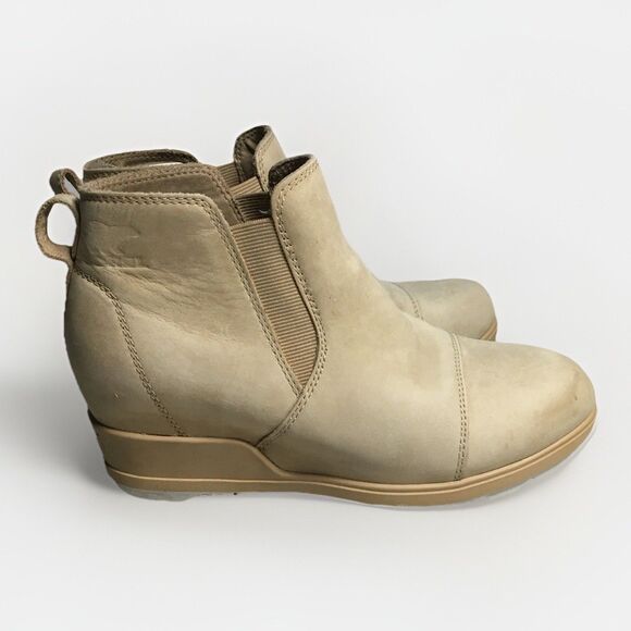Sorel Womens Evie Tan Leather Waterproof Pull On Wedge Ankle Booties Size 8 VGC - Picture 2 of 9